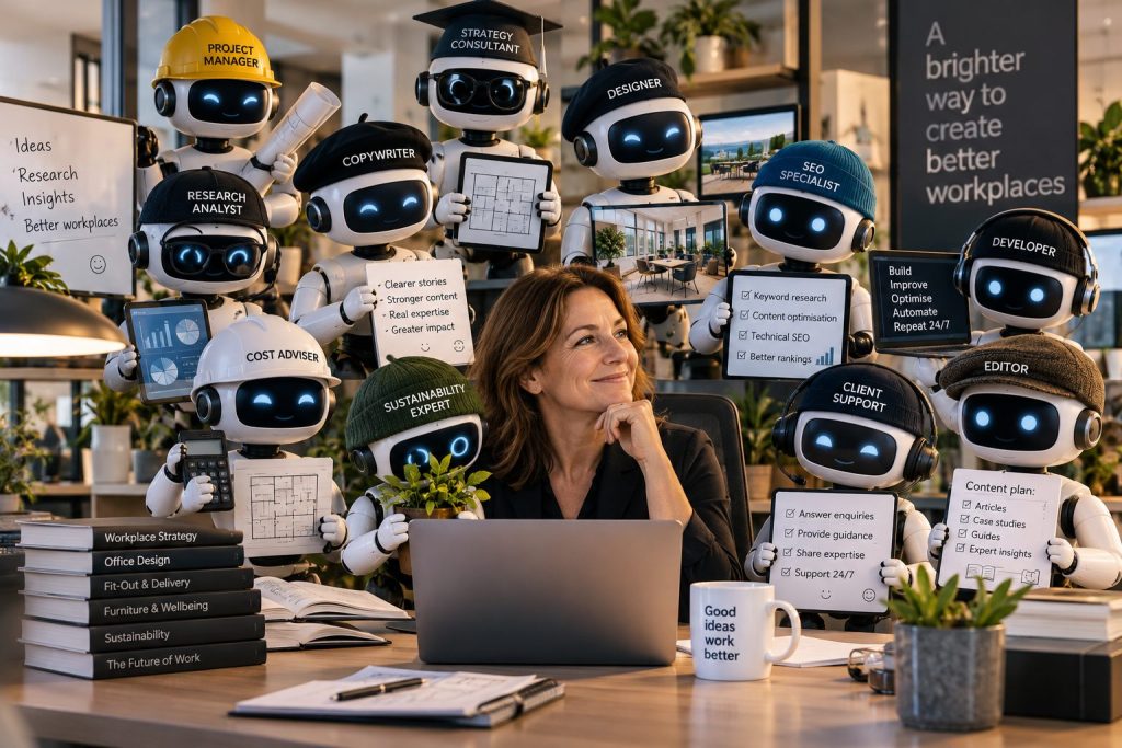 A woman at her desk surrounded by robot assistants labelled with roles such as designer, strategy consultant, cost adviser and project manager
