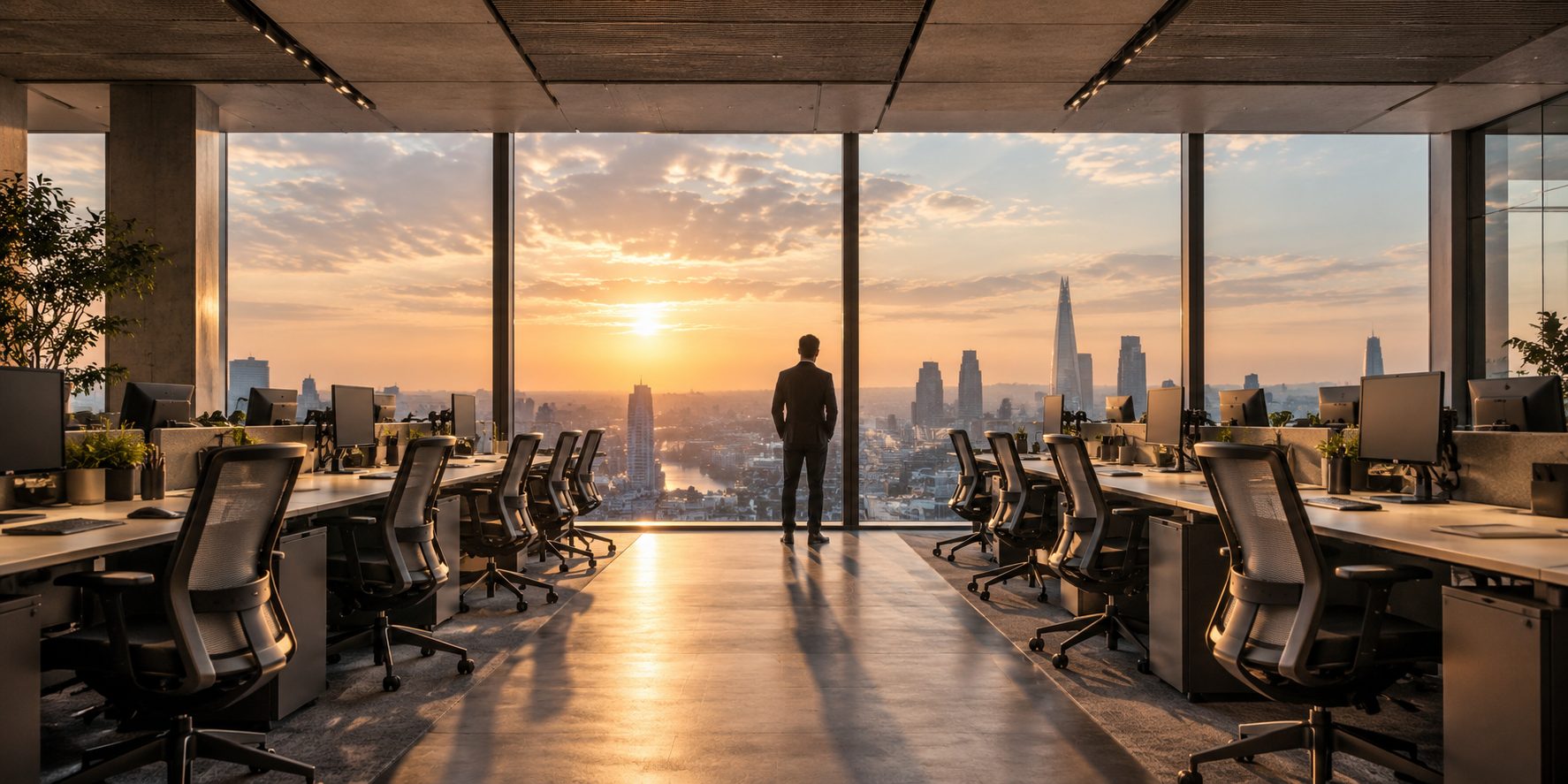 Empty open-plan office at sunset, with a man standing at the window looking out over the London skyline