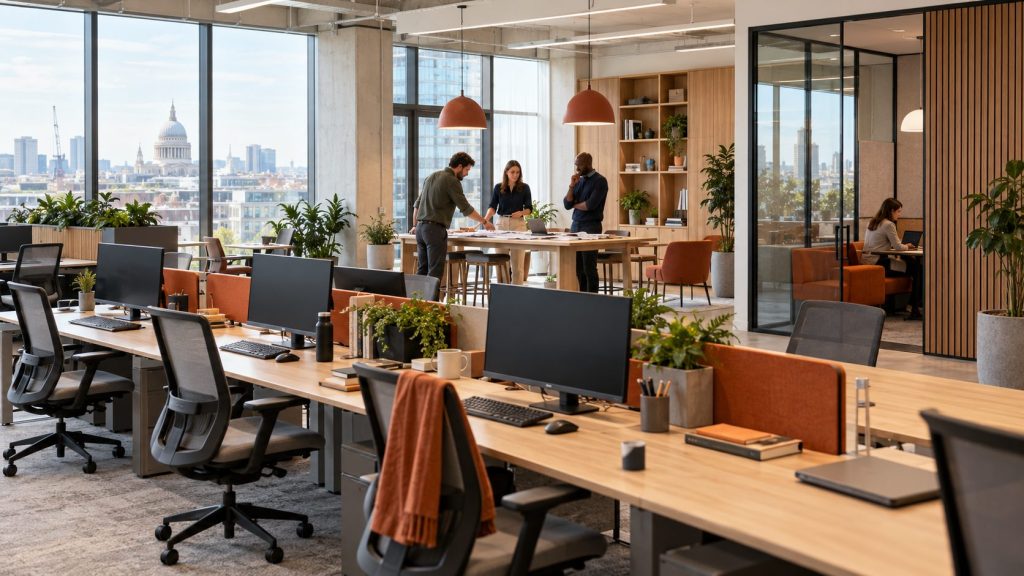 Open-plan office with empty desks in the foreground, three people discussing plans at a project table and a person working alone in a glass-fronted quiet room, with St Paul’s Cathedral visible through the windows